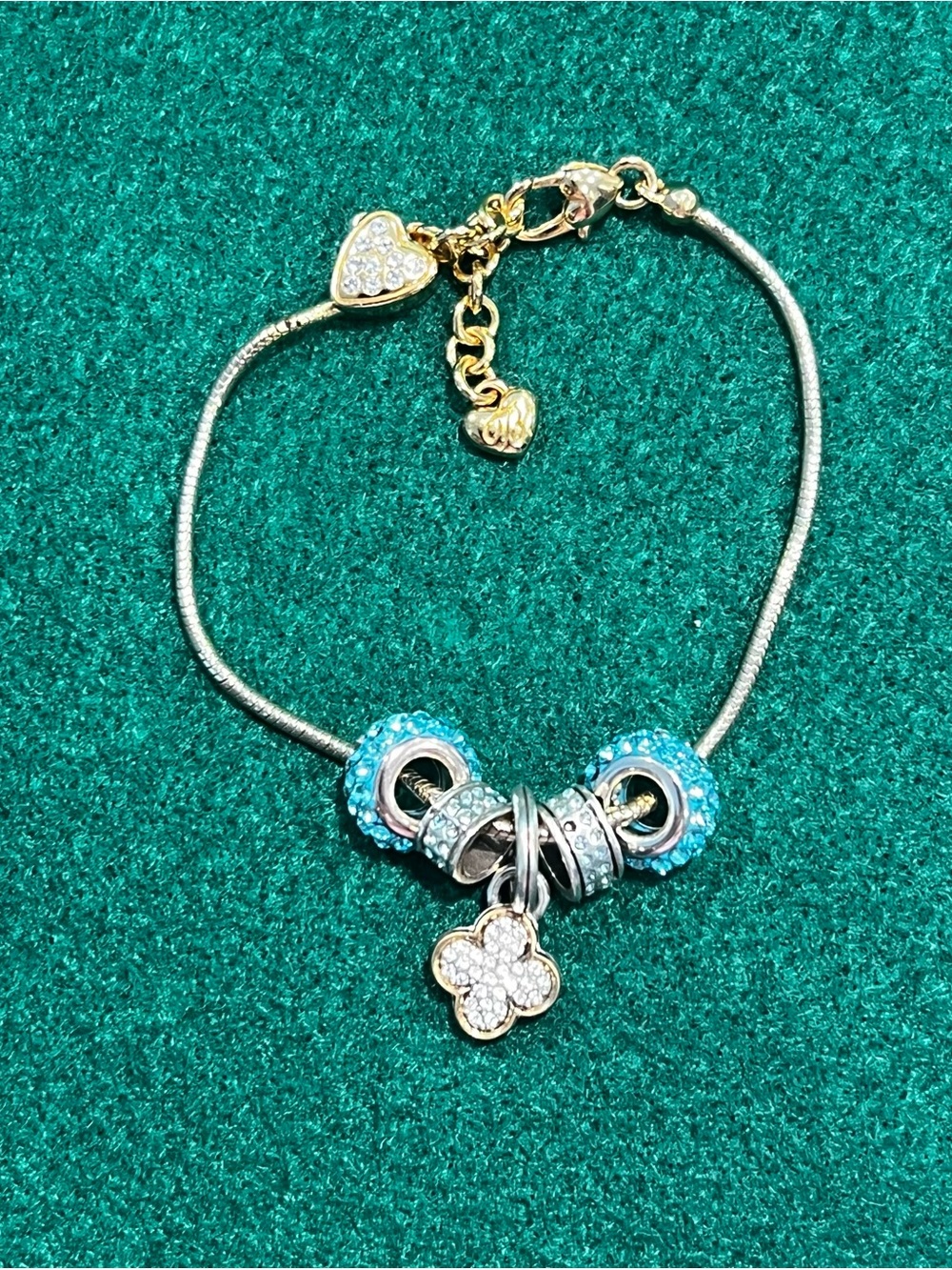 Brighton - Gold tone and Blue Charm Bracelet with Crystal Clover Pendant